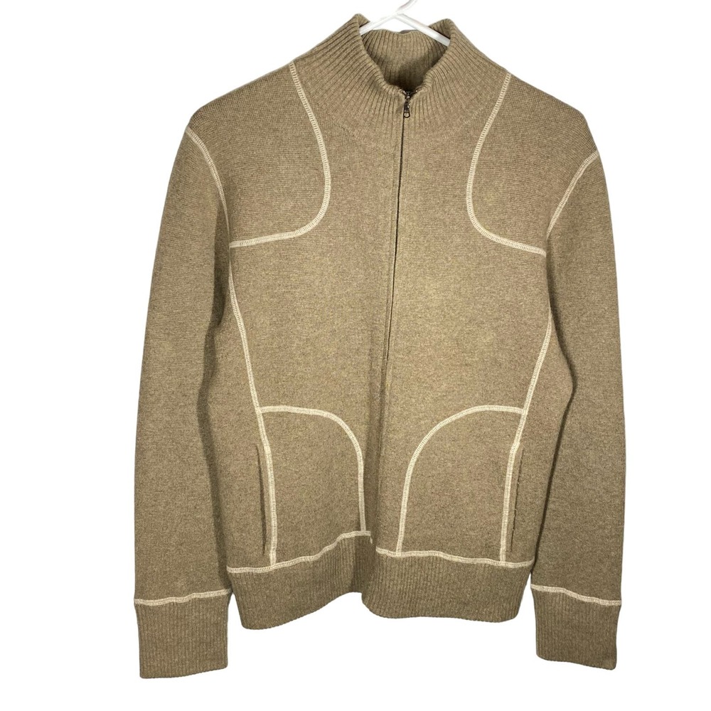 Neiman Marcus Cashmere Zip Up Knit Cardigan Sweater w Pockets Light Brown Large - Picture 1 of 6